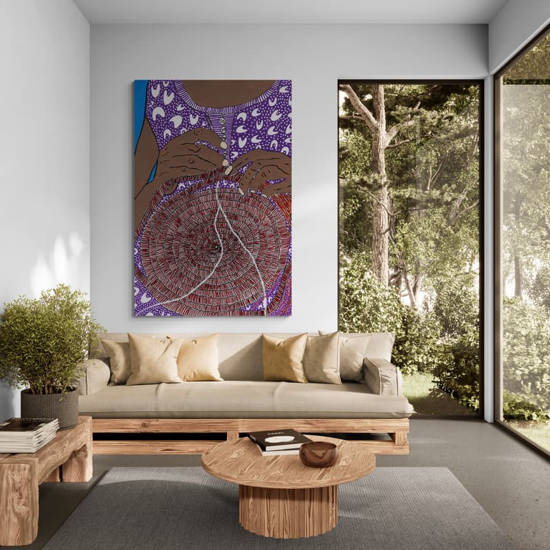 In Weaving Hands by Julianne Wade wall art in a living room