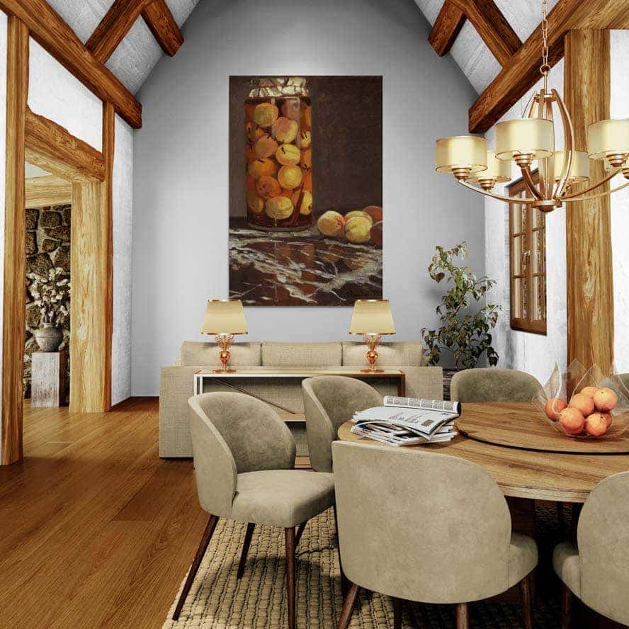 A Jar Of Peaches by Claude Monet wall art in a dining room