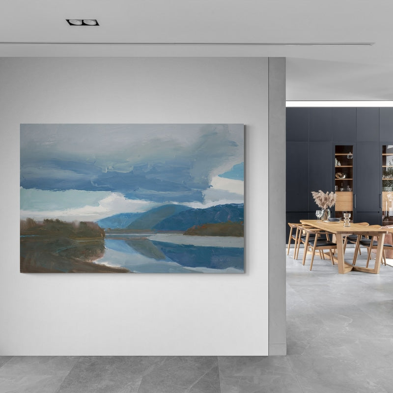 A River View by James Wiens wall art in a hallway