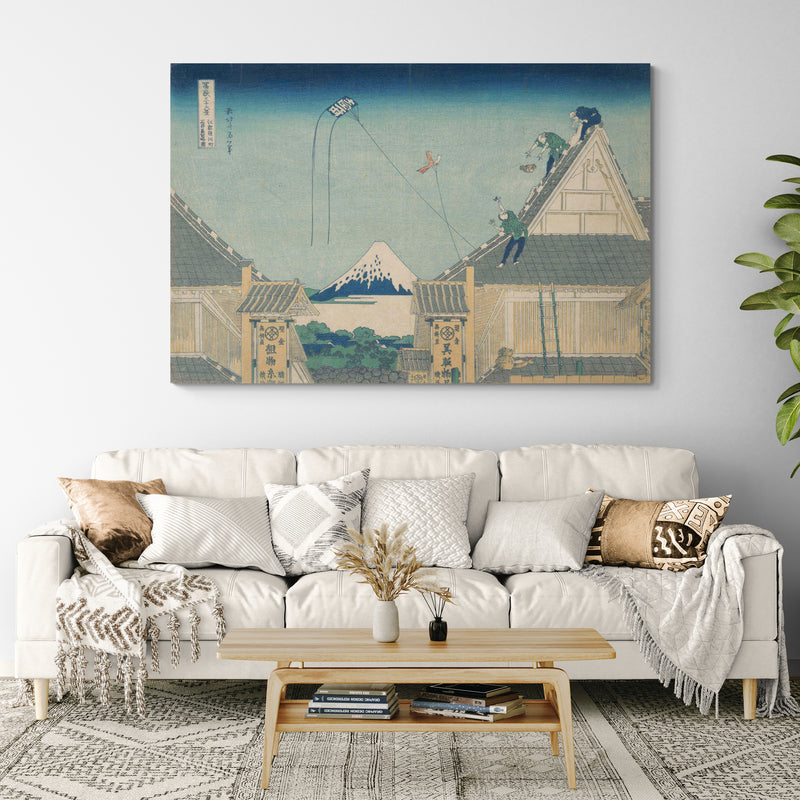 A Sketch Of The Mitsui Shop In Suruga In Edo by Katsushika Hokusai wall art in a living room