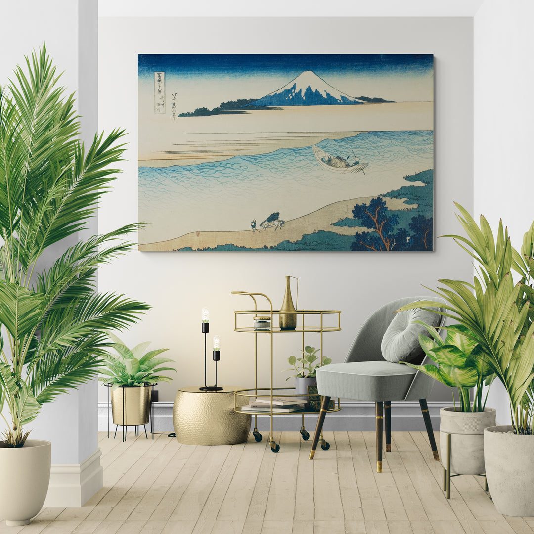 A View Of Mount Fuji In Japan by Katsushika Hokusai wall art in a living room
