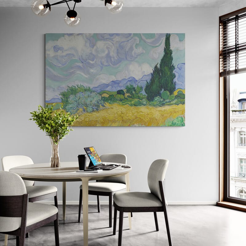 A Wheatfield with Cypresses 1889 by Vincent Van Gogh wall art in a dining room