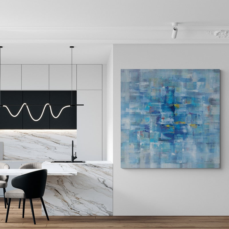 Abstract Squares Blue by Danhui Nai wall art in a kitchen