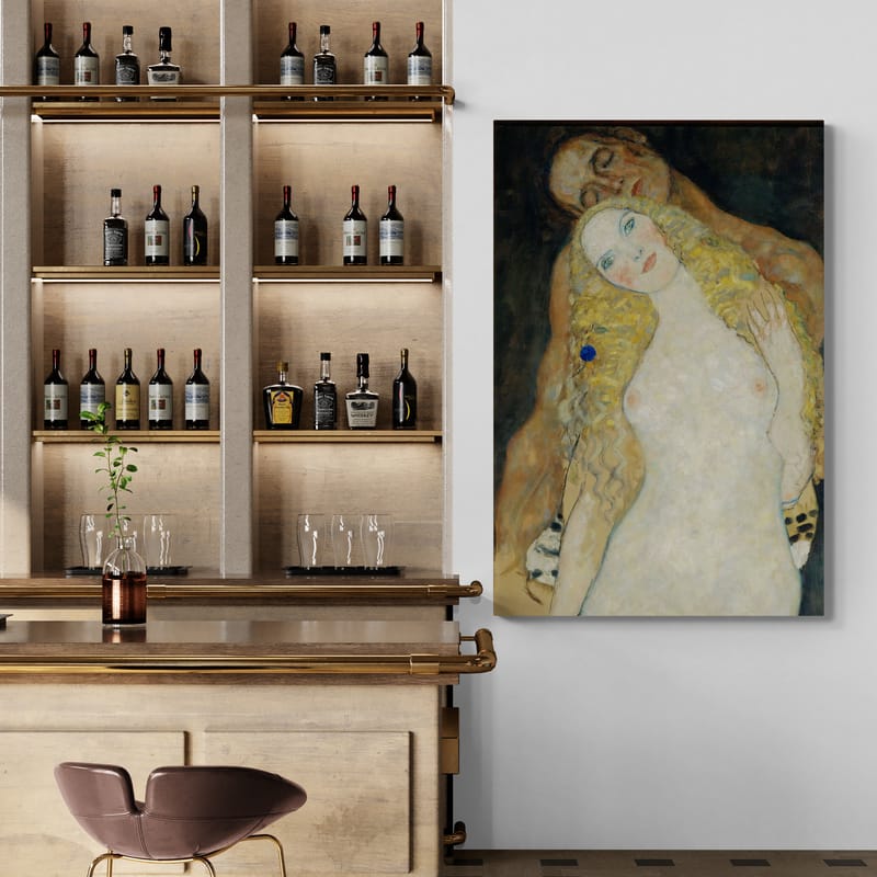 Adam and Eve by Gustav Klimt wall art in a kitchen