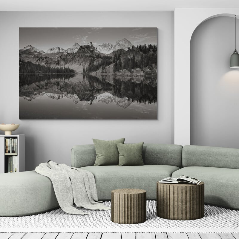 Alice Lake Sawtooth Mountains Idaho Bw by Alan Majchrowicz wall art in a living room