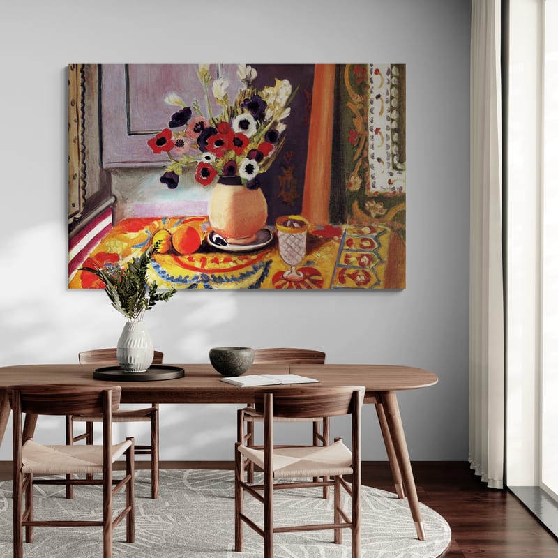 Anemone Flowers in an Earthen Vase by Henri Matisse wall art in a dining room