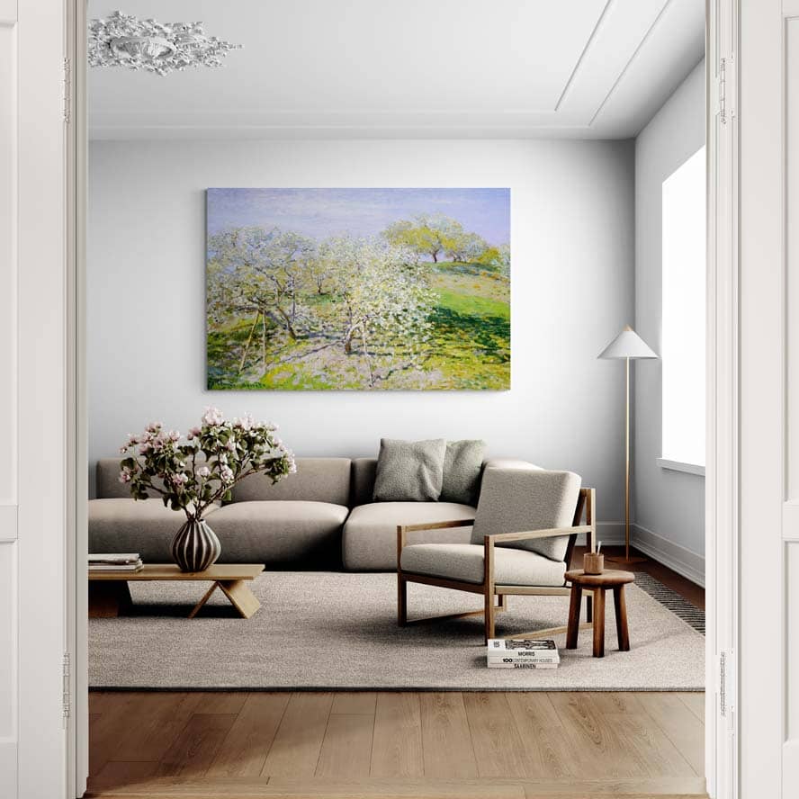 Apple Trees In Bloom by Claude Monet wall art in a living room