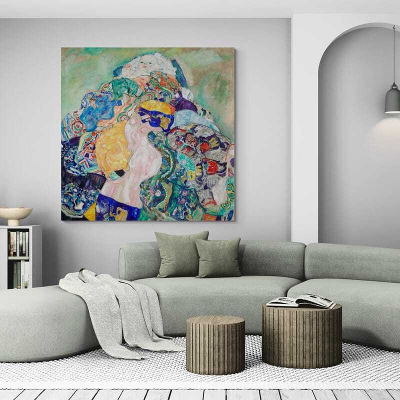 Baby (Cradle) by Gustav Klimt wall art in a living room