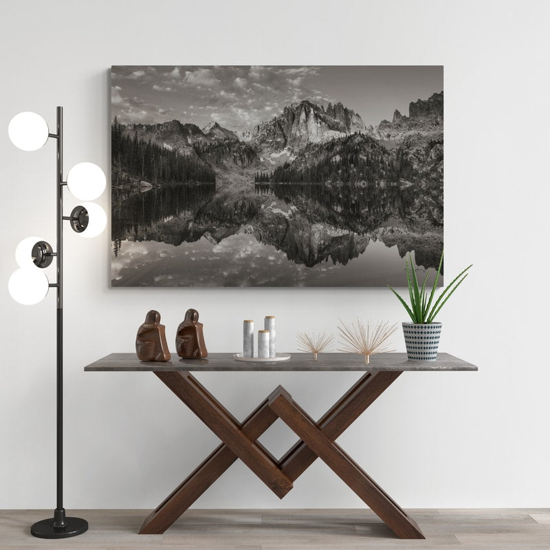 Baron Lake Monte Verita Peak Sawtooth Mountains Ii Bw by Alan Majchrowicz wall art in a hallway