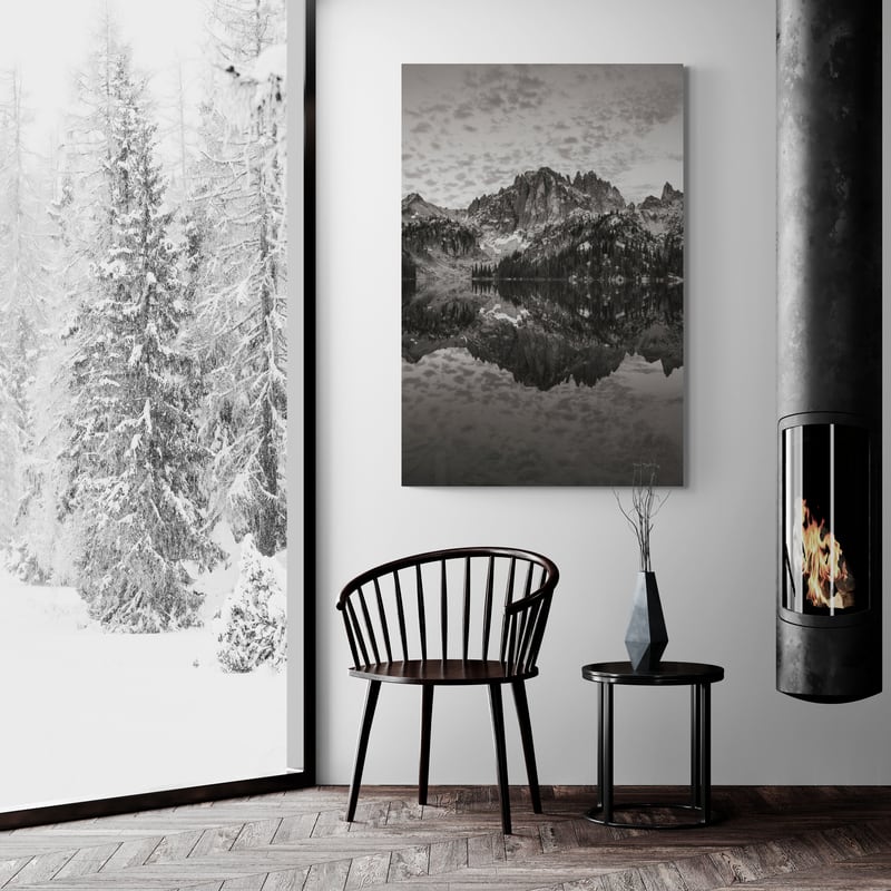 Baron Lake Monte Verita Peak Sawtooth Mountains I Bw by Alan Majchrowicz wall art in a living room