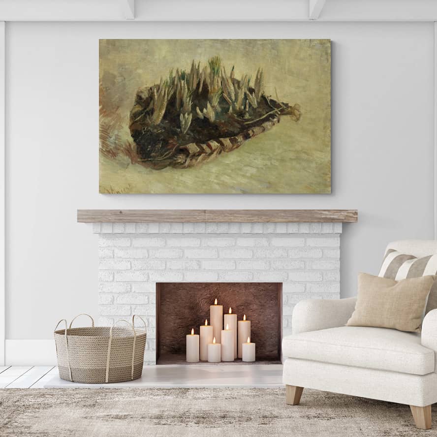 Basket of Crocus Bulbs 1887 by Vincent Van Gogh wall art in a living room