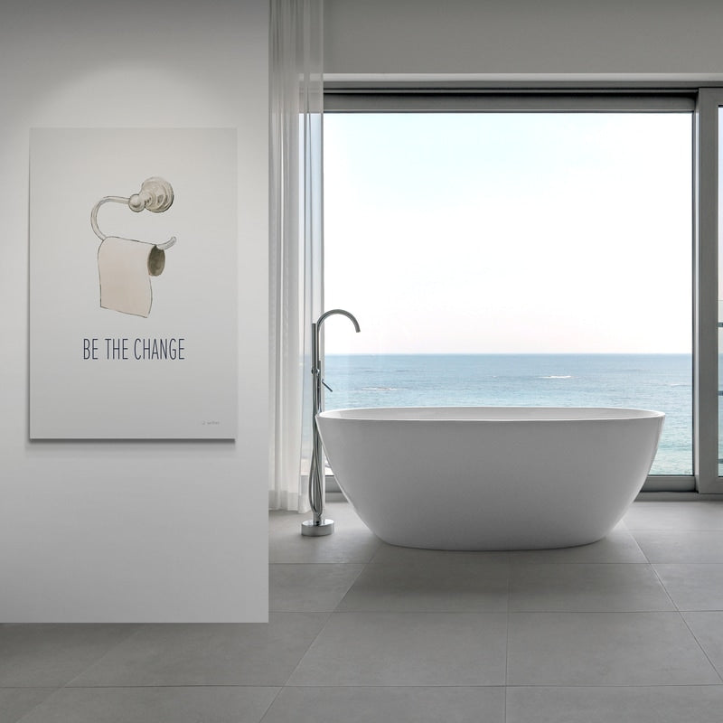 Be The Change Navy by James Wiens wall art in a bathroom