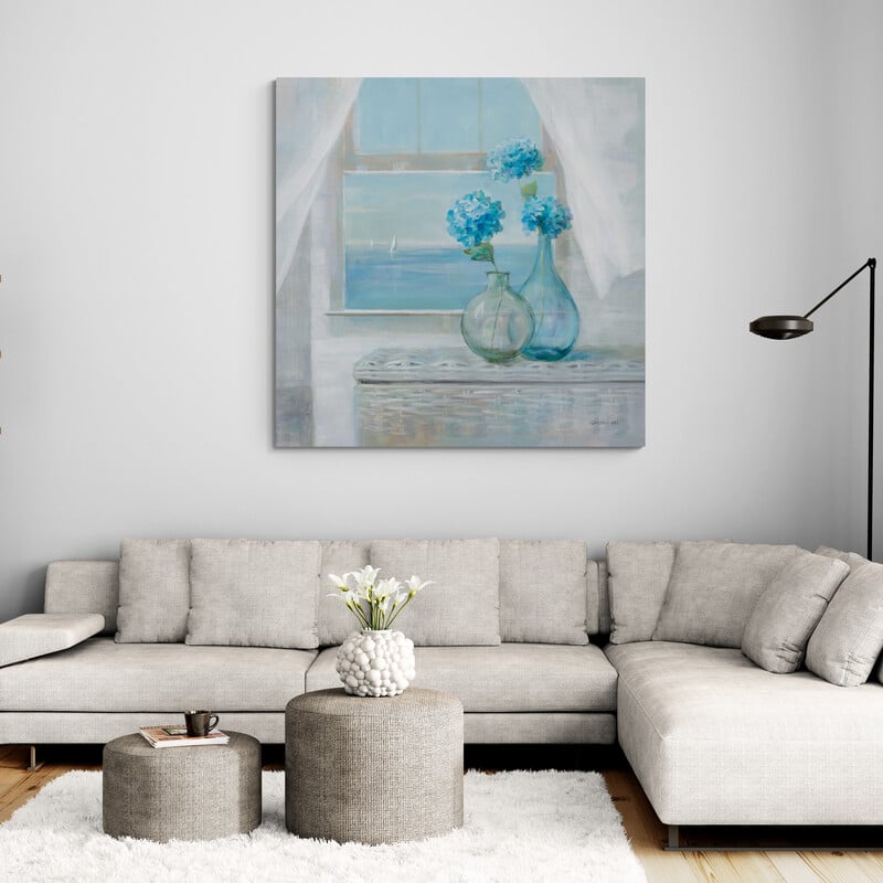 Beach House Hydrangeas by Danhui Nai wall art in a living room