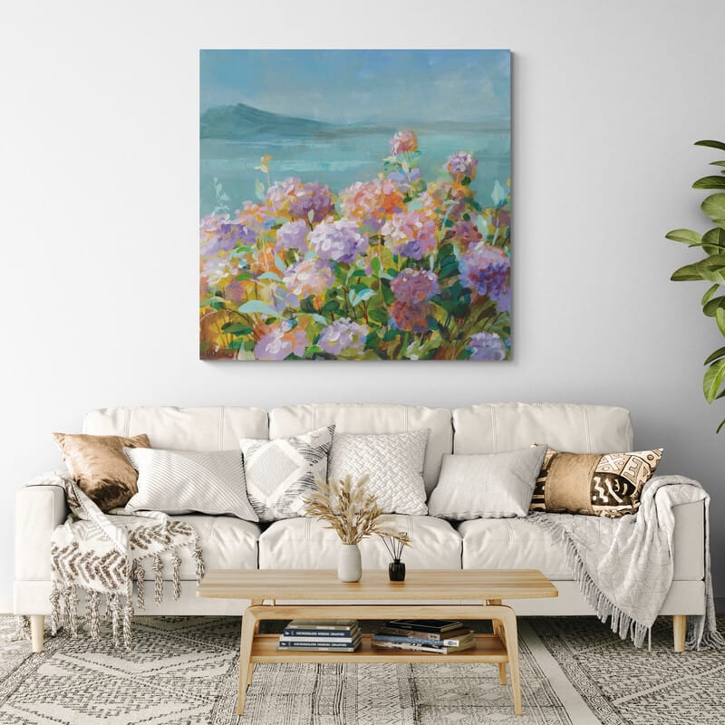 Beach Hydrangeas by Danhui Nai wall art in a living room