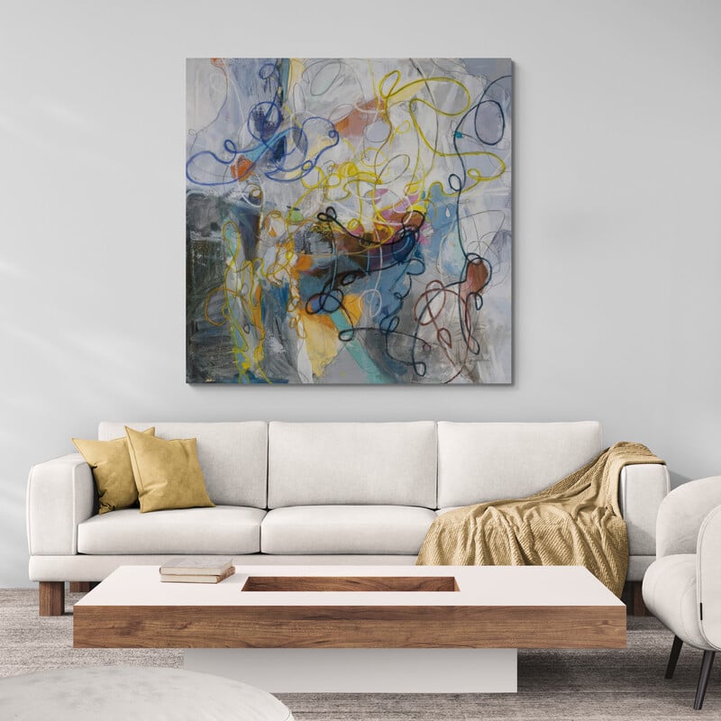 Blue And Sienna Abstract by Danhui Nai wall art in a living room