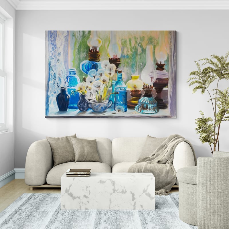 Blue Glass Collection by Marina Strijakova wall art in a living room