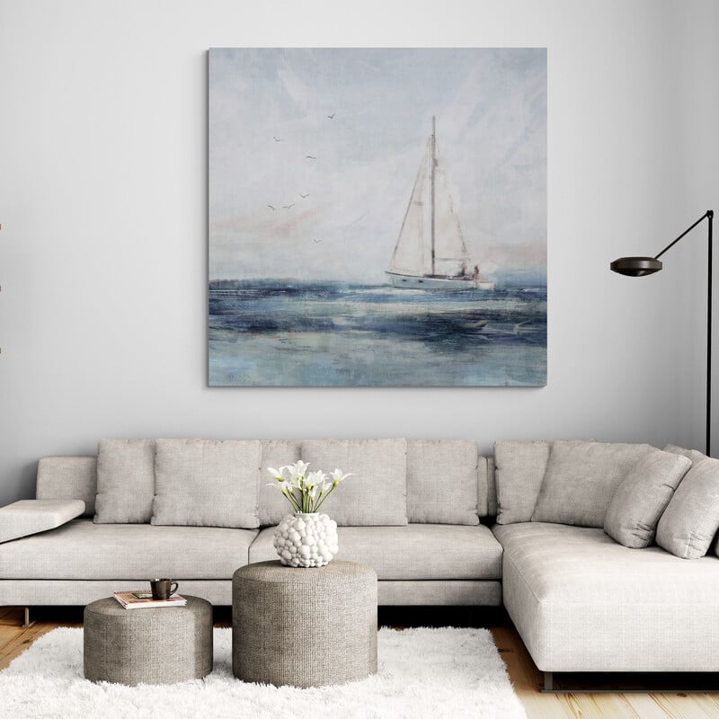 Blue Sailing 1 by Nina Blue wall art in a living room