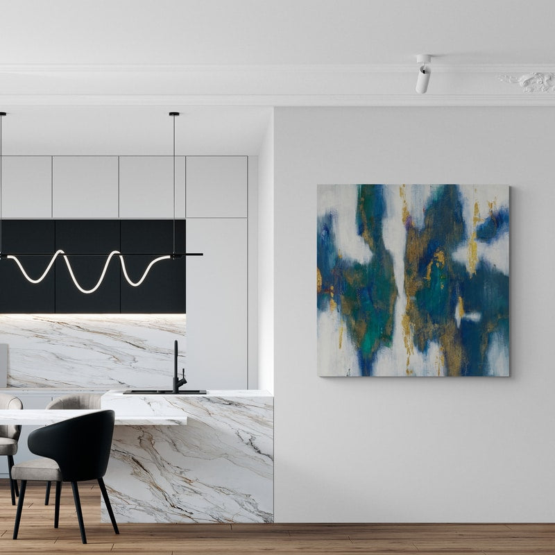 Blue Texture I Gold by Danhui Nai wall art in a kitchen
