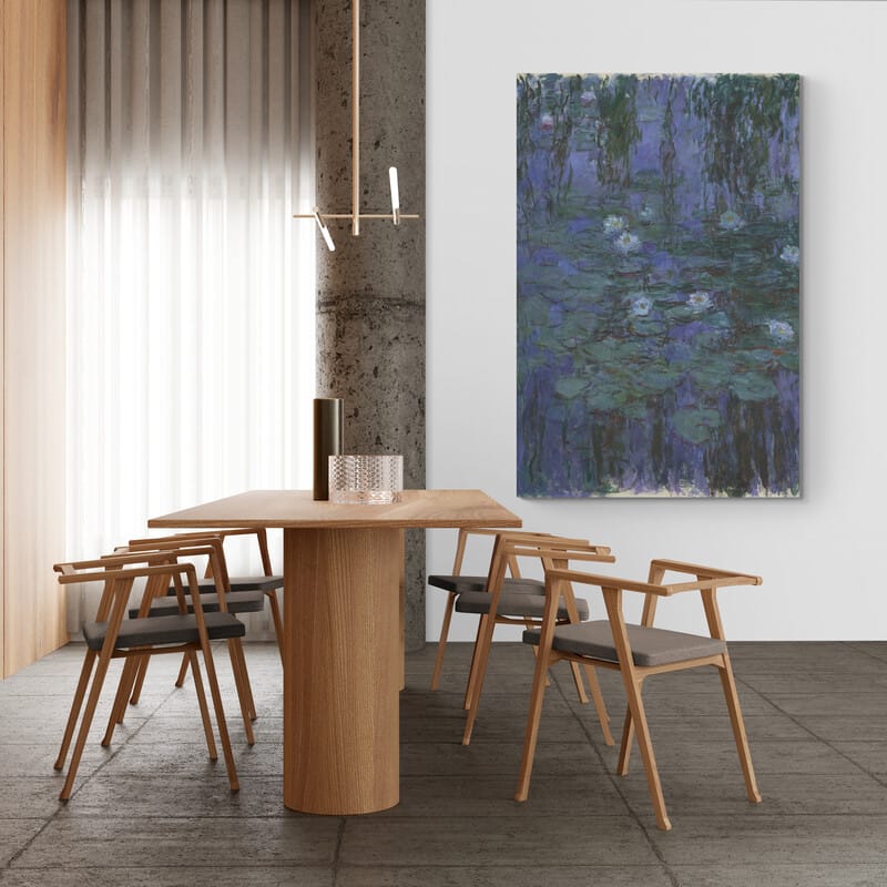 Blue Water Lilies by Claude Monet wall art in a dining room