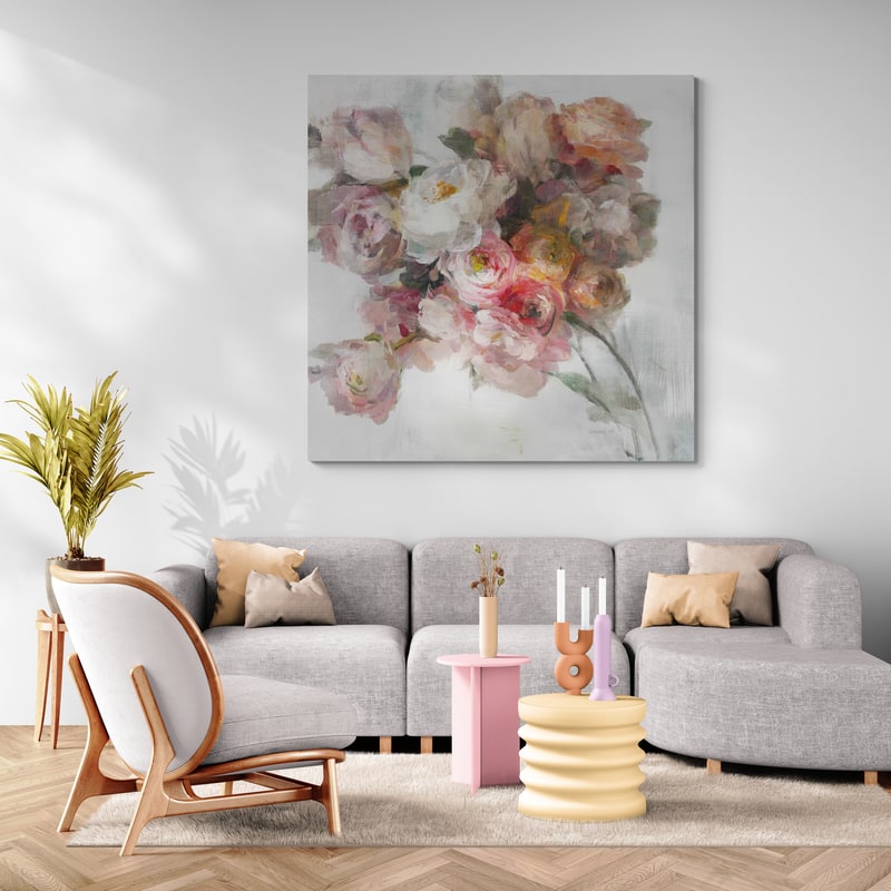 Blush Bouquet On White by Danhui Nai wall art in a living room