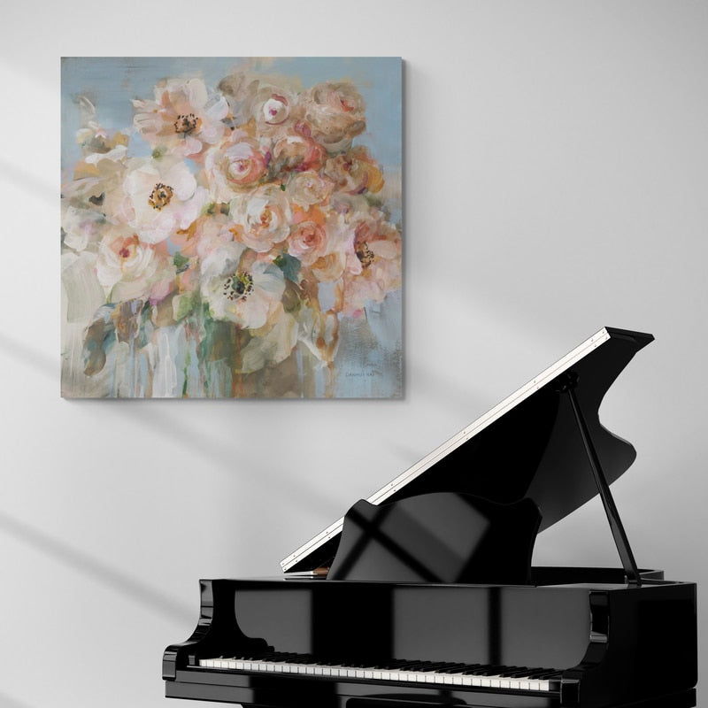 Blushing Bouquet by Danhui Nai wall art in a living room
