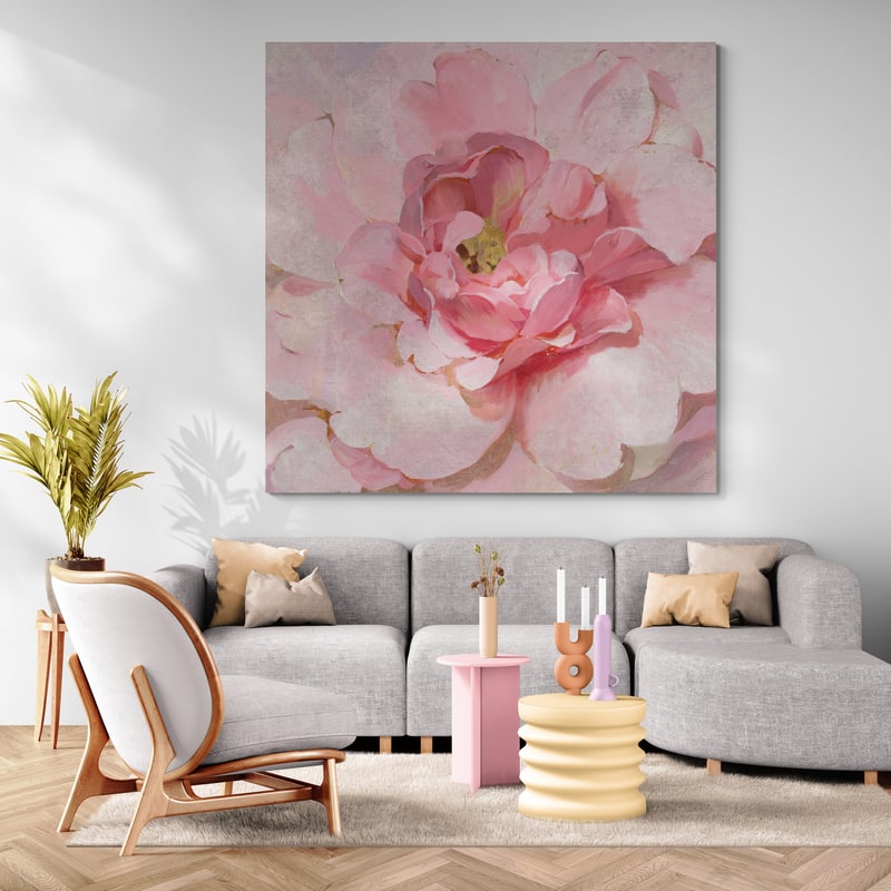 Blushing Metallic Peony by Danhui Nai wall art in a living room
