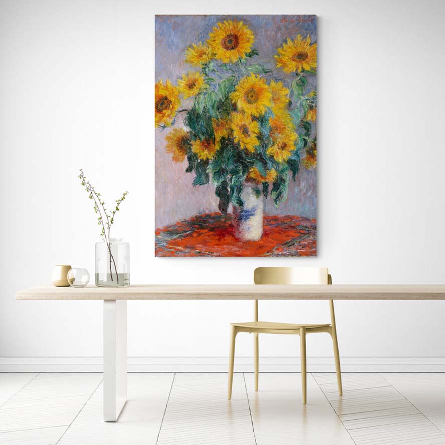 Bouquet Of Sunflowers by Claude Monet wall art in a dining room