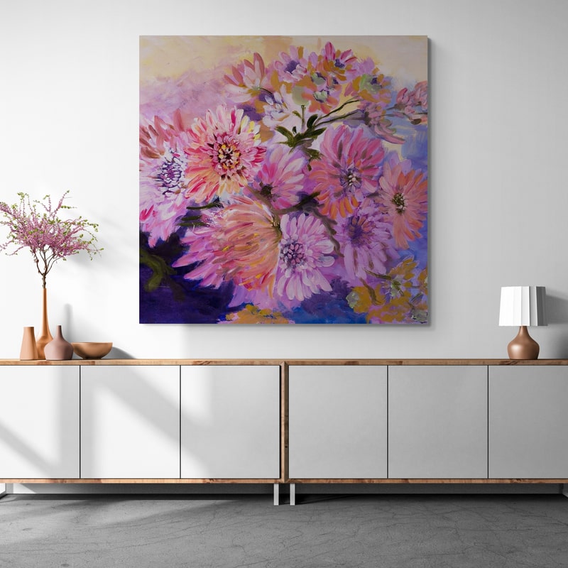 Carnations on Blue by Marina Strijakova wall art in a hallway