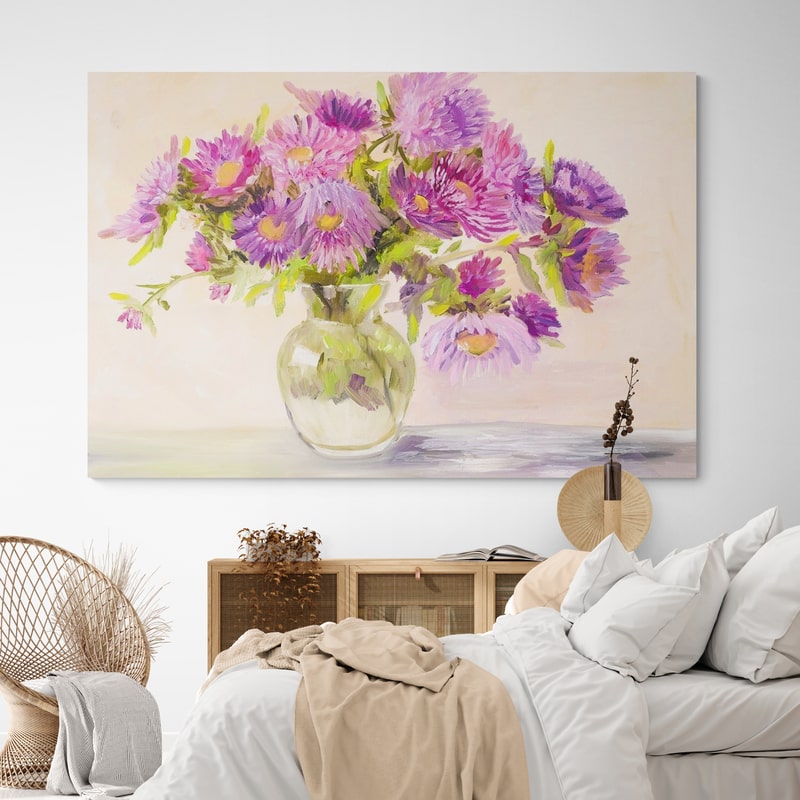 Carnations on White by Marina Strijakova wall art in a bedroom