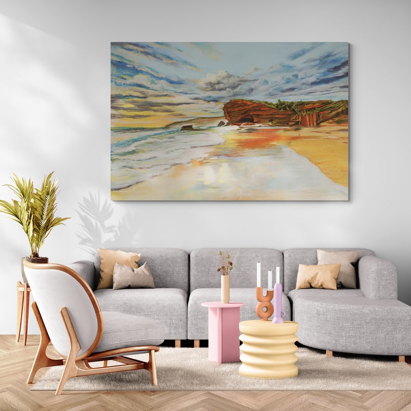 Caves Beach Cliff by Marina Strijakova wall art in a living room