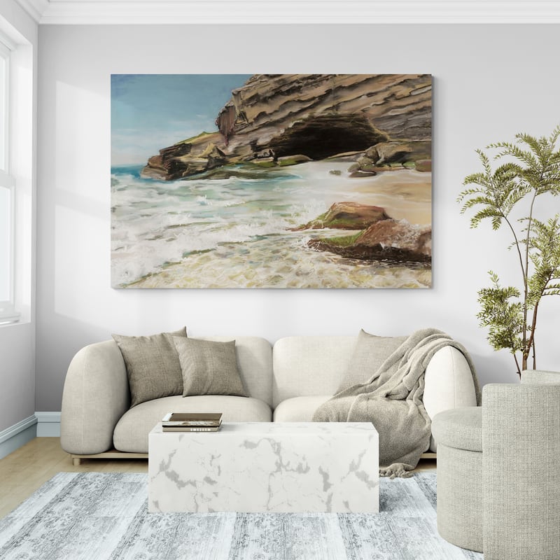 Caves Beach Waves by Marina Strijakova wall art in a living room