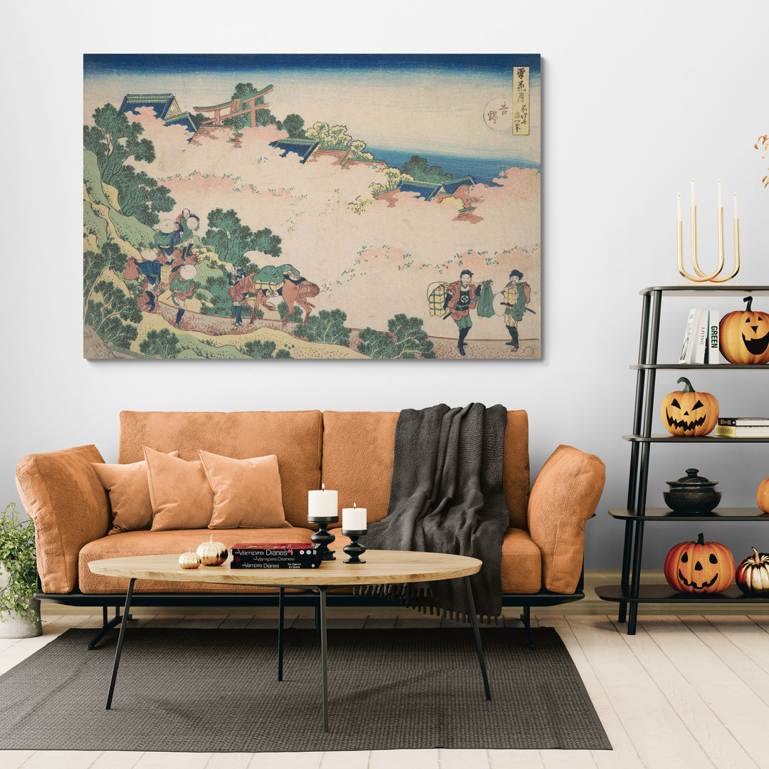 Cherry Blossoms at Yoshino, from the series Snow, Moon, and Flowers by Katsushika Hokusai wall art in a living room