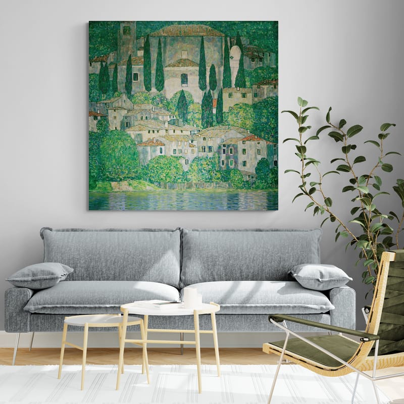 Church in Cassone by Gustav Klimt wall art in a living room