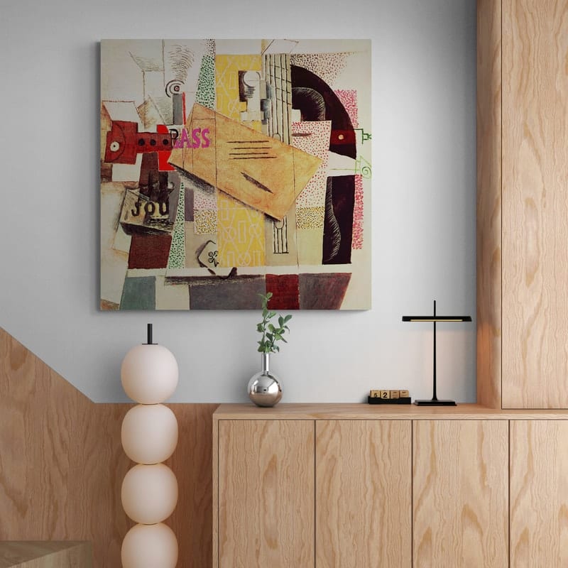 Clarinet, Bottle of Bass, Newspaper, Ace of Clubs by Pablo Picasso wall art in a hallway