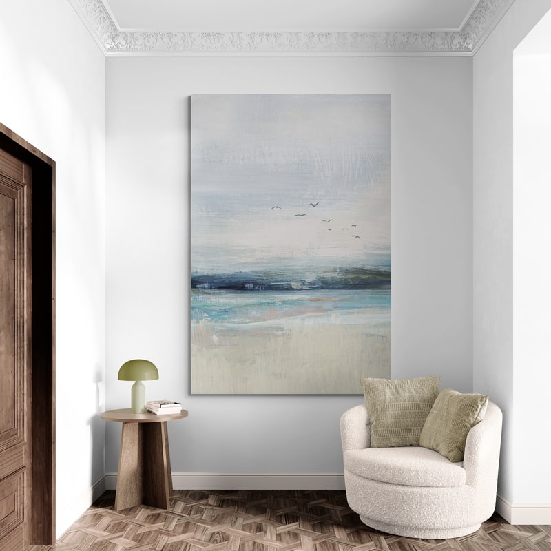 Coastal Birds 1 by Nina Blue wall art in a living room