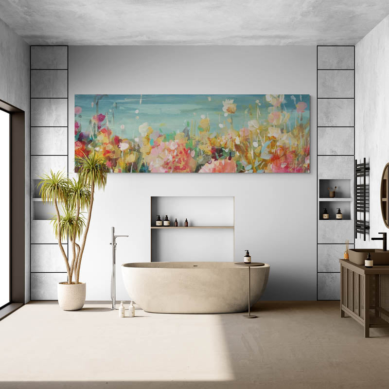 Coastal Dahlias Crop by Danhui Nai wall art in a bathroom