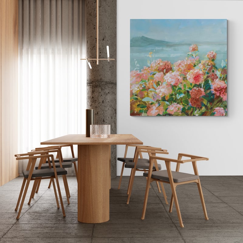 Coastal Dahlias II by Danhui Nai wall art in a dining room