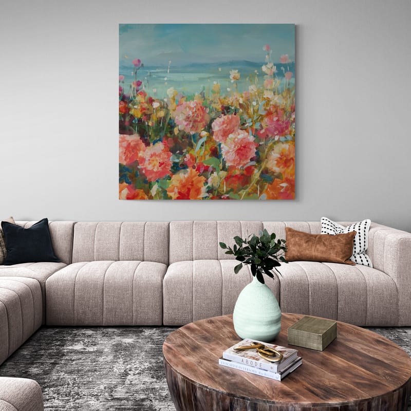 Coastal Dahlias by Danhui Nai wall art in a living room