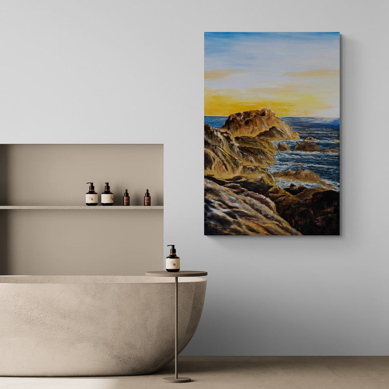 Coffs Harbour by Marina Strijakova wall art in a bathroom