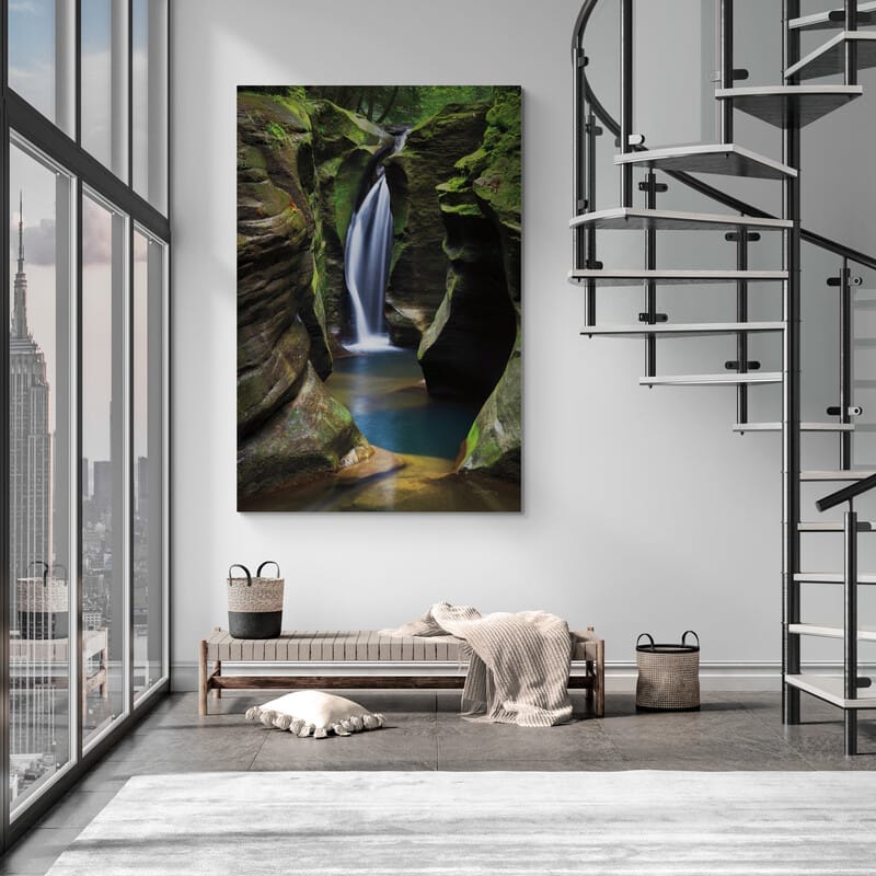 Corkscrew Falls Ohio by Alan Majchrowicz wall art in a living room