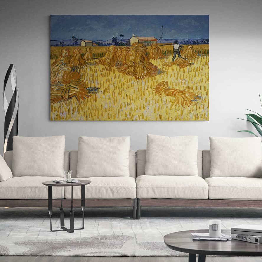 Corn Harvest in Provence 1888 by Vincent Van Gogh wall art in a living room