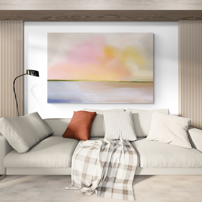 Cotton Candy Beach by Mercedes Lopez Charro wall art in a living room