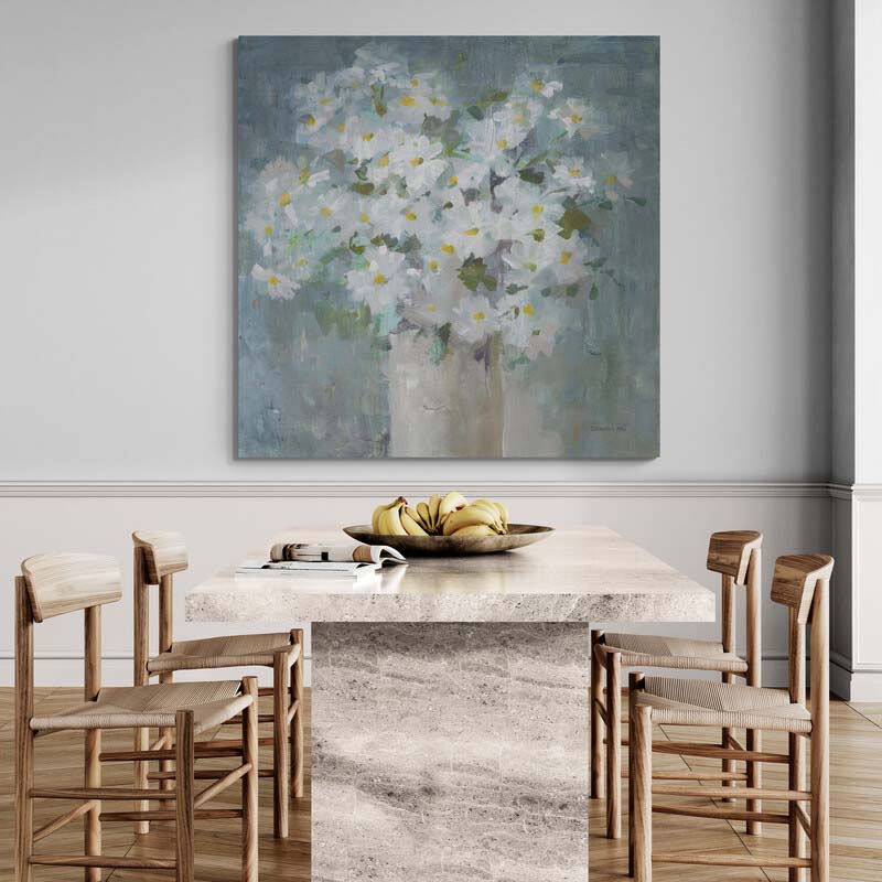Daisies All Day Light by Danhui Nai wall art in a dining room