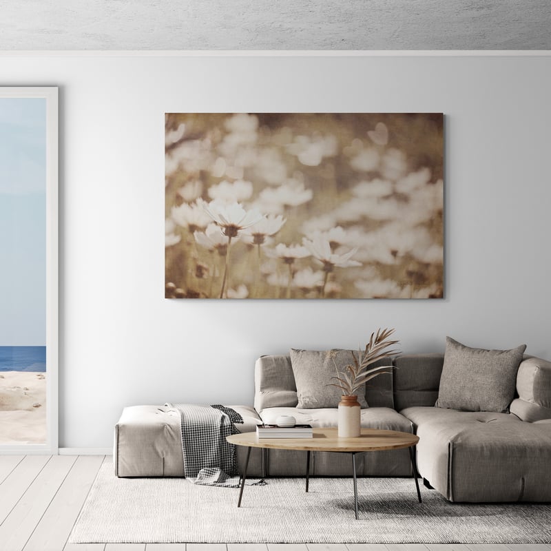 Daisies I Neutral by Elizabeth Urquhart wall art in a living room
