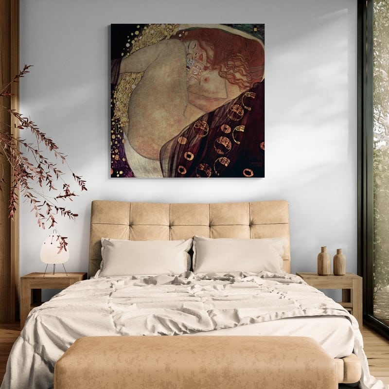 Danae by Gustav Klimt wall art in a bedroom