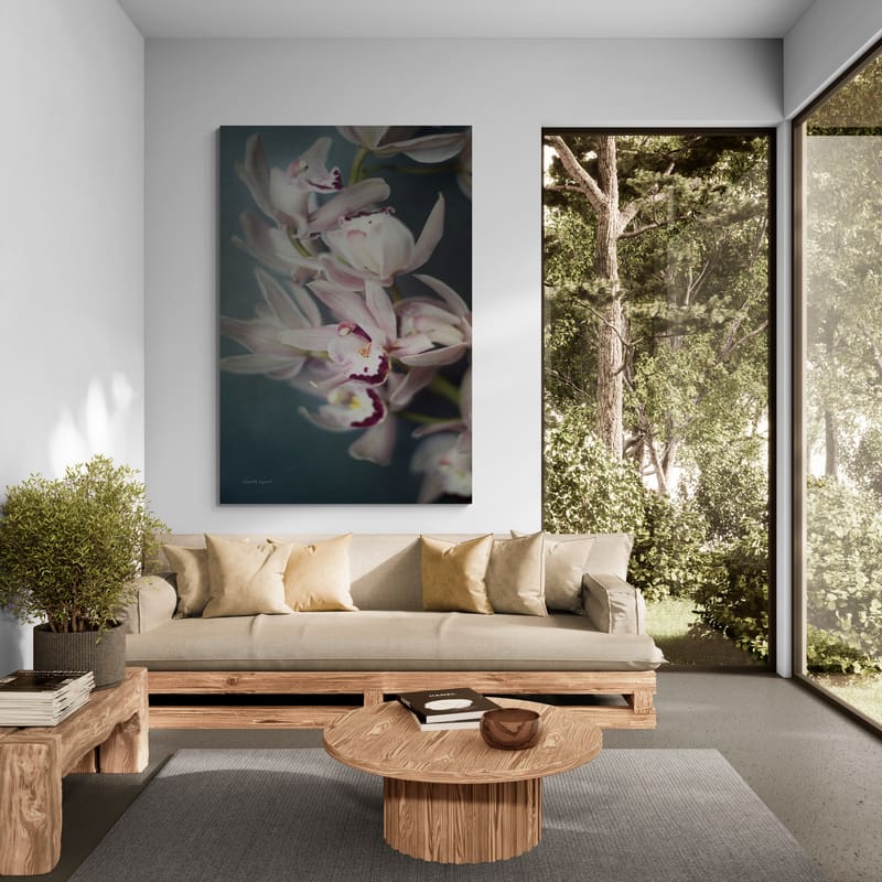 Dark Orchid I by Elizabeth Urquhart wall art in a living room