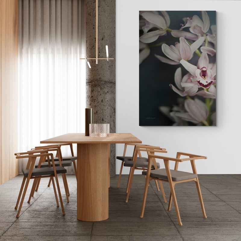 Dark Orchid II by Elizabeth Urquhart wall art in a dining room