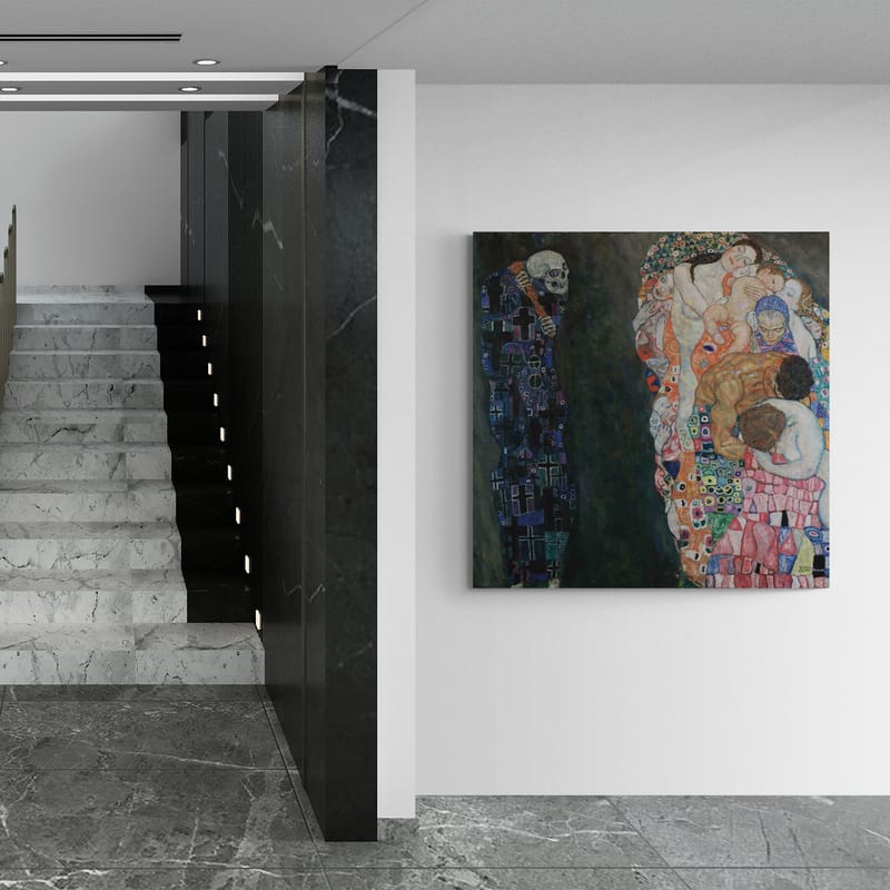 Death and Life by Gustav Klimt wall art in a hallway