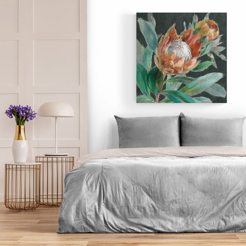 Deep Tropical Protea by Danhui Nai wall art in a bedroom