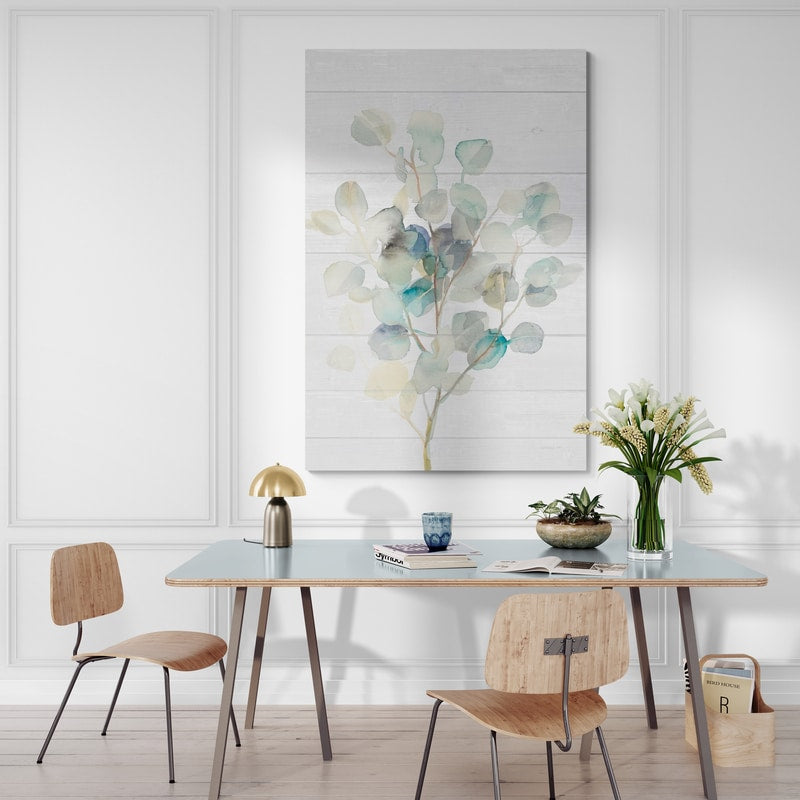 Eucalyptus III On Shiplap by Danhui Nai wall art in a dining room